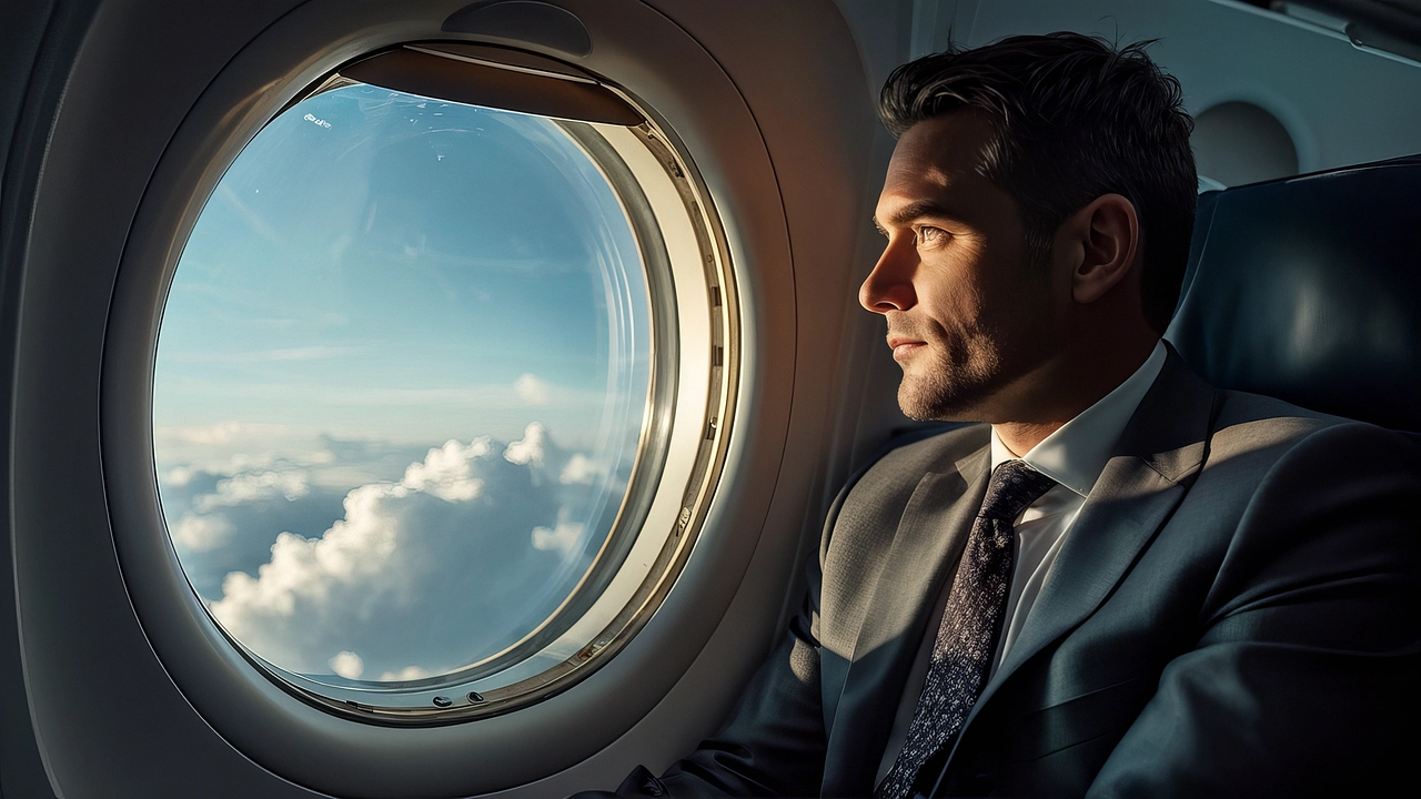 Business traveler seated beside an airplane window on a business class flight